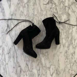 Women’s black suede booties with drawstring